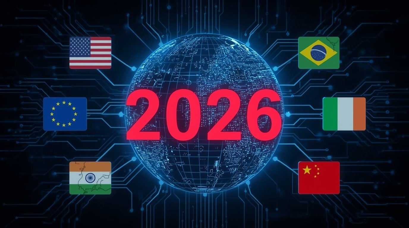 A futuristic digital globe made of glowing blue circuit lines and padlock icons, surrounded by flags of the EU, USA, India, China, Brazil, and Nigeria, with a large ticking countdown clock showing “2026” in bold red numbers against a dark cyber background.