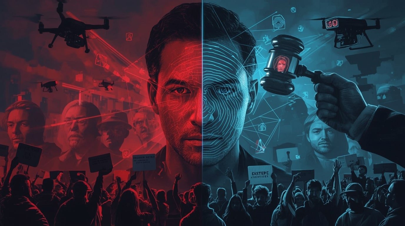 A dramatic split-scene digital artwork: on the left, a diverse crowd of people having their faces scanned by glowing red laser grids from overhead surveillance cameras; on the right, a courtroom gavel smashing down on a cracked smartphone screen displaying a facial-recognition match with a bold red “ERROR” stamp. Subtle biometric data points (eyes, nose, jawline) float like ghosts in the background, while protest signs reading “Stop Facial Recognition” and “Privacy Matters” rise from the crowd. Dark cyberpunk color palette dominated by neon red, electric blue, and black.