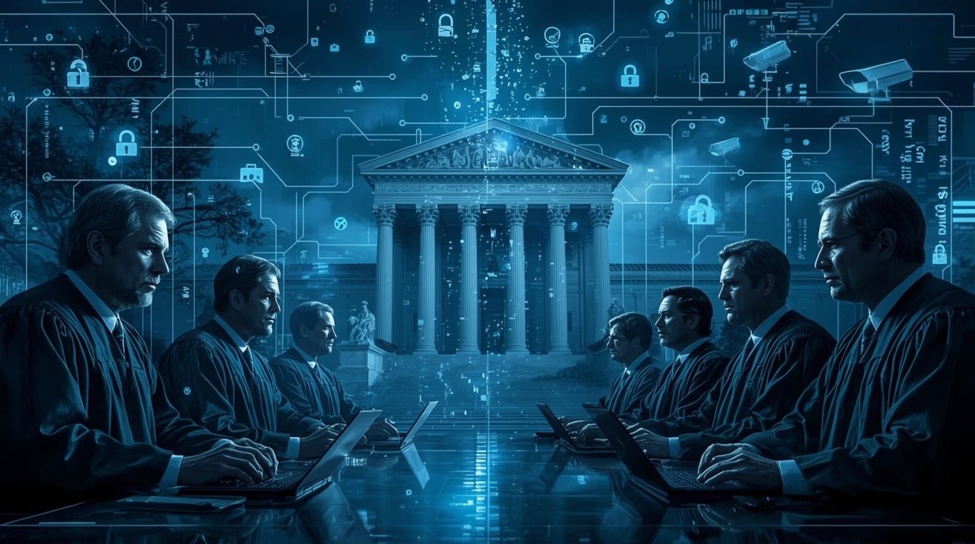 A dramatic courtroom scene with a diverse panel of justices reviewing digital devices like smartphones and laptops emitting glowing data streams, while shadowy government figures loom in the background, symbolizing the clash between privacy rights and national security surveillance under Section 702.