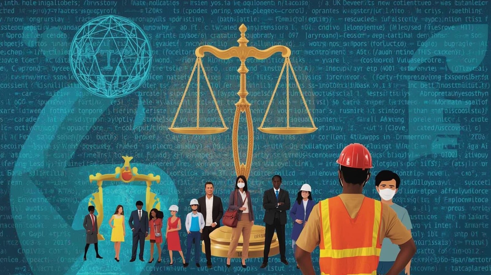 Symbolic image of U.K. Supreme Court with AI algorithms and worker silhouettes, representing the landmark hearing on AI-driven dismissals under employment law, announced December 12, 2025.