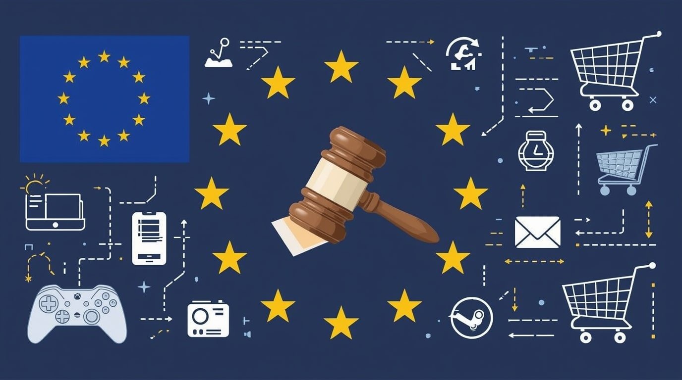 Illustration of EU Court of Justice gavel with digital icons representing online shopping refunds and consumer protection laws in marketplaces like Amazon and Steam, dated December 18, 2025