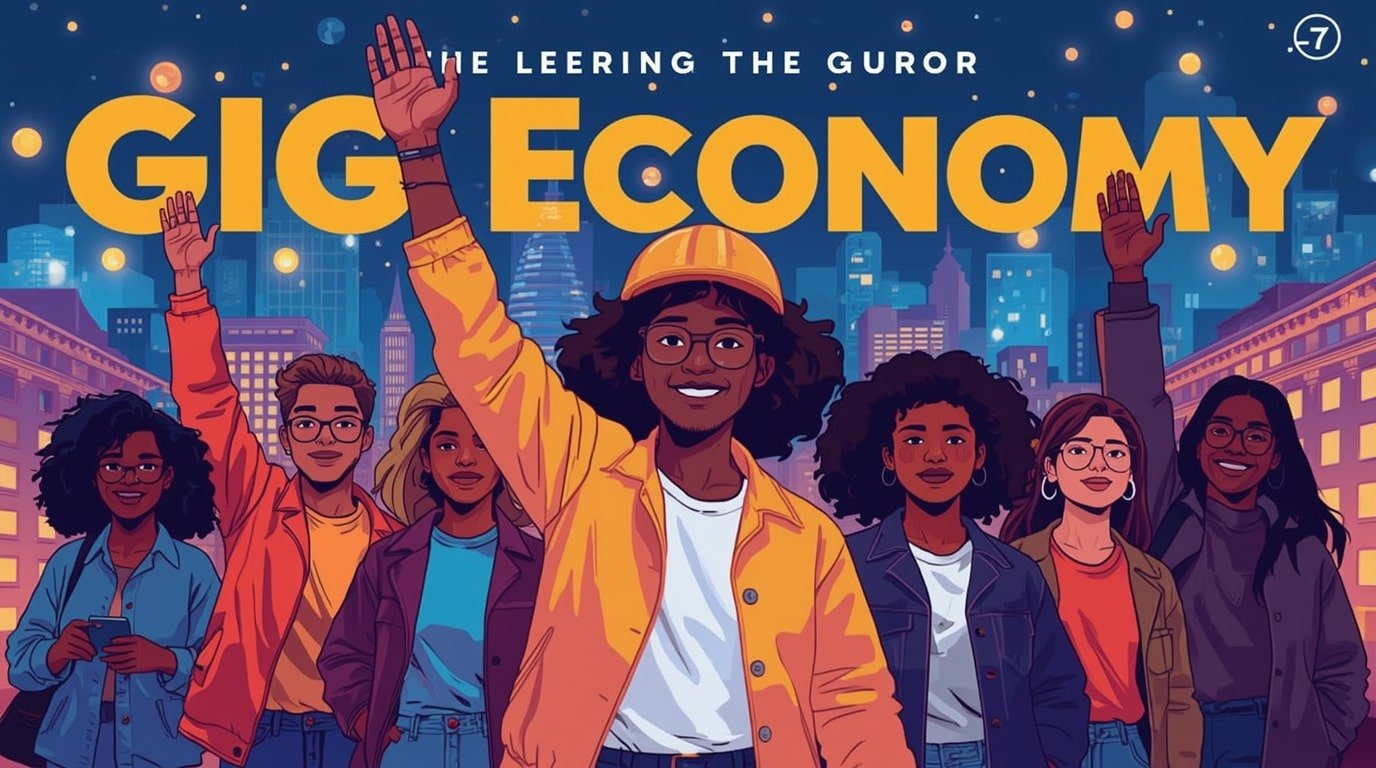 A diverse group of gig workers, including a rideshare driver, food delivery courier on a bicycle, and freelance graphic designer, standing together confidently in an urban street scene, holding signs that read "Fair Pay Now" and "Employee Rights for All," symbolizing the upcoming federal labor law changes for platform-based jobs.