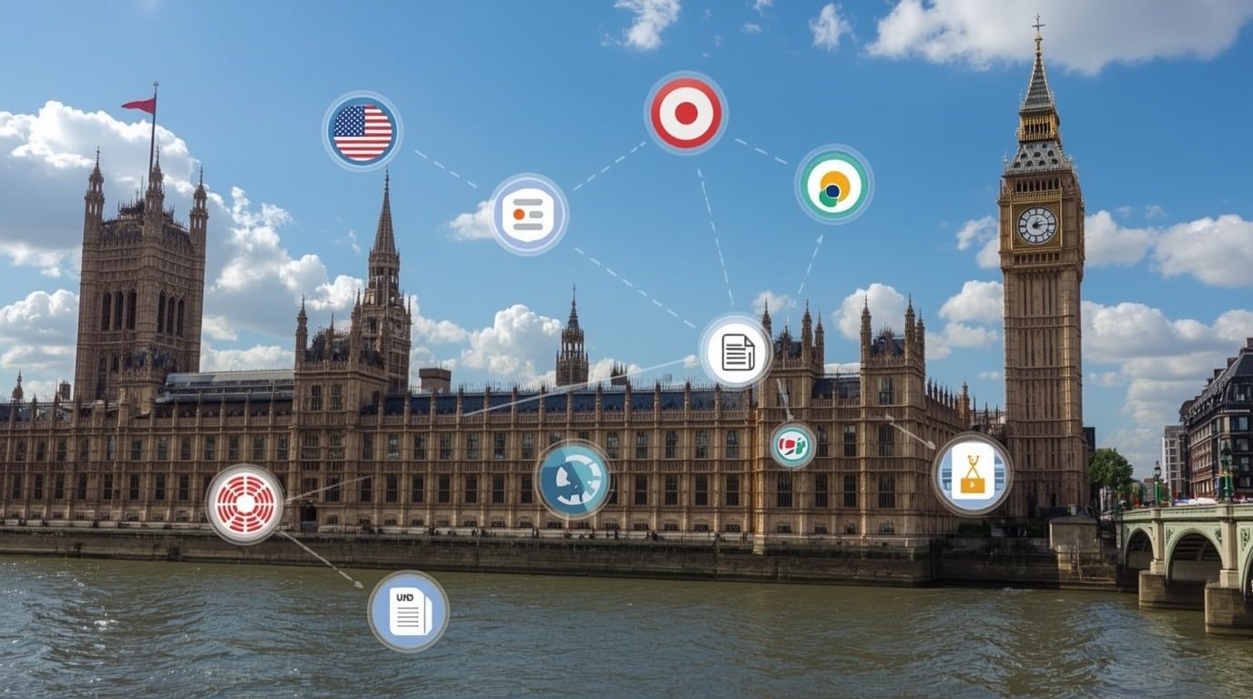 Visual of UK Parliament building with digital data flow arrows to global icons representing cross-border transfers under the new Data Protection Act, approved December 18, 2025, easing flows to US, Japan, and more