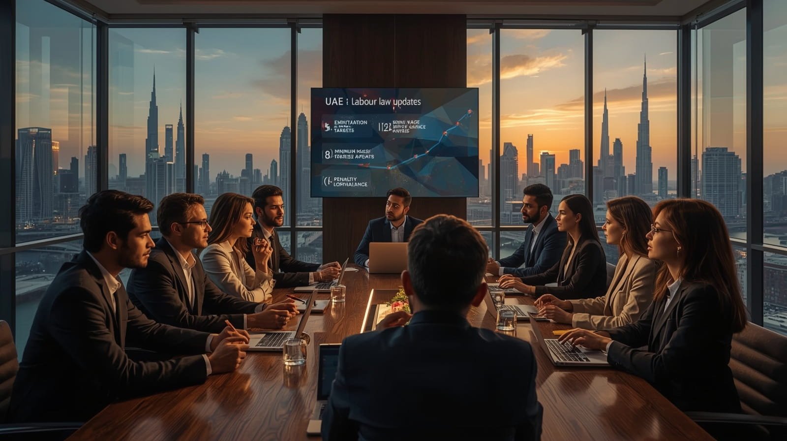 Dubai skyline with business professionals discussing UAE labour law updates for 2026, highlighting Emiratisation targets, minimum wage hikes, and penalty avoidance strategies for employers.