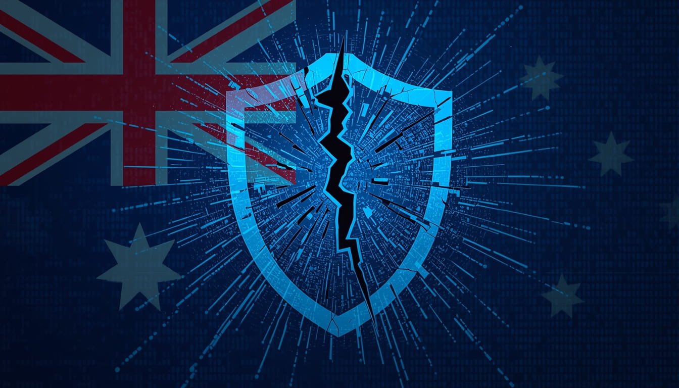 Illustration of a cybersecurity data breach in Australia showing a broken digital lock over the Victorian state map with leaking student records, highlighting the 2026 Victorian Department of Education incident and calls for stronger privacy law enforcement.