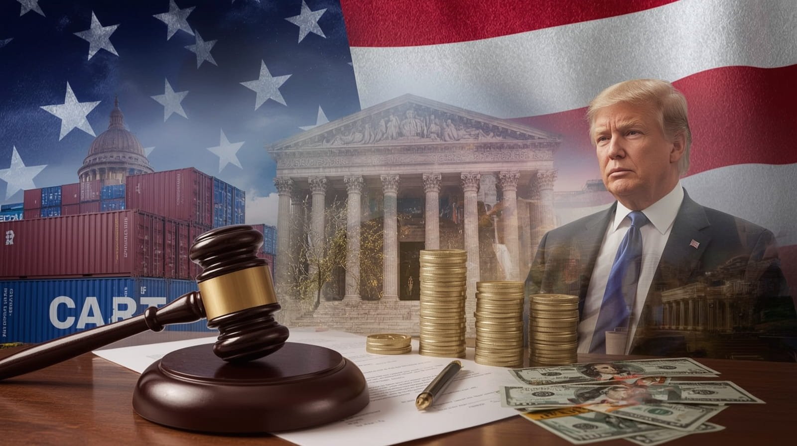 A symbolic illustration of a federal judge's gavel striking down on stacks of tariff documents, representing the court ruling against Trump's trade agenda and mandating massive refunds to U.S. businesses.